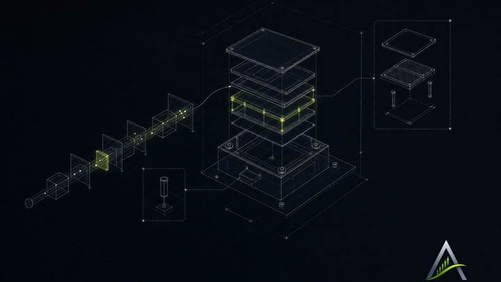 Des chemins lumineux abstraits guidés entre de douces barrières translucides, qui s’arrêtent à de petites portes ambre sur un fond bleu profond.