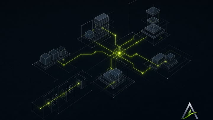 Abstrakte geometrische Blöcke in Blau und Grau, verbunden durch dünne helle Linien, die sich an leuchtenden Knoten treffen, als Sinnbild für getrennte Systeme, die durch Integrationen verbunden sind
