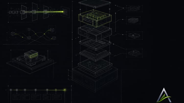 Un dessin isométrique d'une trappe de studio grande ouverte d'où s'échappe une lumière lime, avec des pièces simples disposées devant, sur une grille de plan.