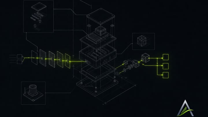Abstract branching paths in amber and teal, some flowing freely and others pausing at translucent gates, representing automation with checkpoints.