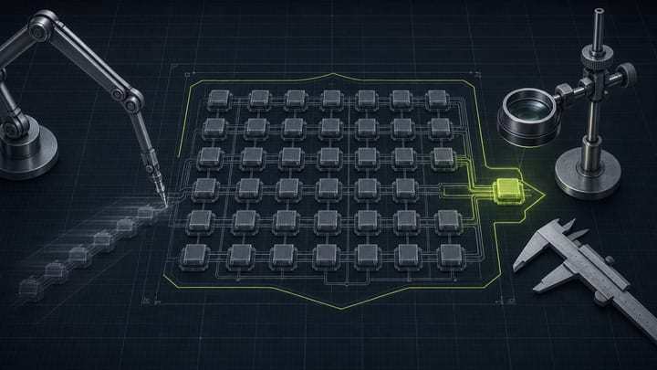 El plano de un sistema de software en filas de bloques idénticos: un brazo de dibujo mecánico coloca bloques nuevos mientras una lupa y un calibre inspeccionan uno, que brilla en verde lima.