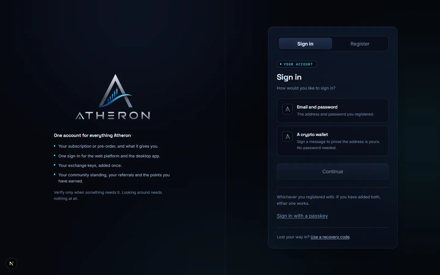 Die Anmeldeseite, mit E-Mail und Passwort, einer Krypto-Wallet oder einem Passkey.